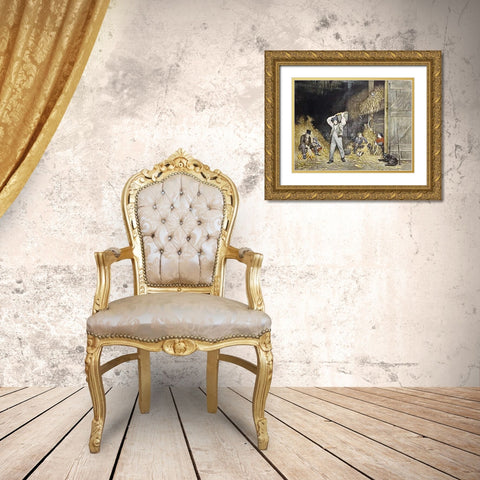 Husking Gold Ornate Wood Framed Art Print with Double Matting by Ives, Currier and