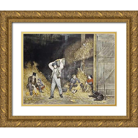 Husking Gold Ornate Wood Framed Art Print with Double Matting by Ives, Currier and