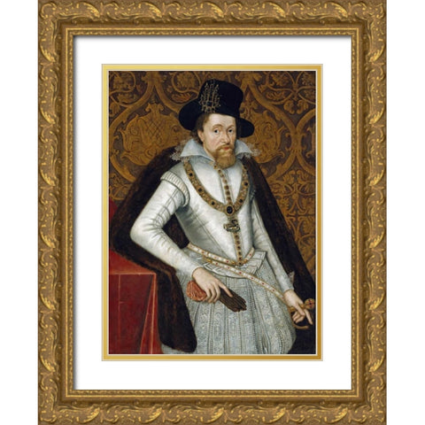 Portrait of King James VI of Scotland, James I of England Gold Ornate Wood Framed Art Print with Double Matting by De Critz, John