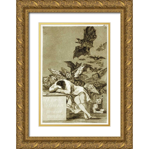 The Sleep of Reason Produces Monsters - Los Caprichios Gold Ornate Wood Framed Art Print with Double Matting by De Goya, Francisco