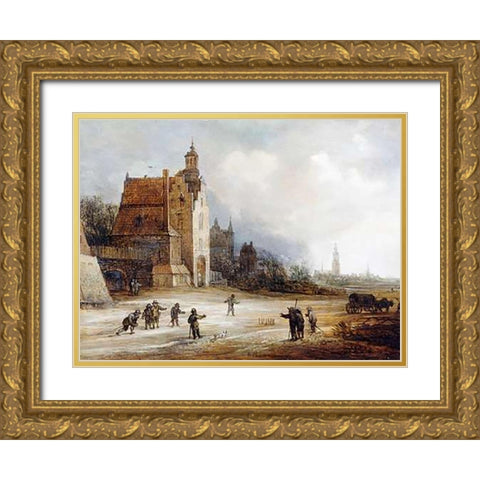 Soldiers Playing Skittles On a Road Gold Ornate Wood Framed Art Print with Double Matting by De Momper, Frans