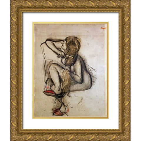 Woman Combing Her Hair Gold Ornate Wood Framed Art Print with Double Matting by Degas, Edgar