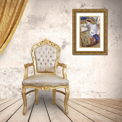 A Young Girl Stretched Out and Looking at An Album Gold Ornate Wood Framed Art Print with Double Matting by Degas, Edgar