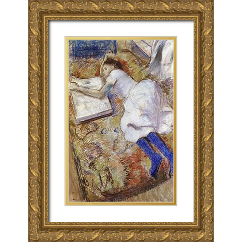 A Young Girl Stretched Out and Looking at An Album Gold Ornate Wood Framed Art Print with Double Matting by Degas, Edgar