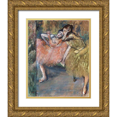 Two Dancers by a Hearth Gold Ornate Wood Framed Art Print with Double Matting by Degas, Edgar