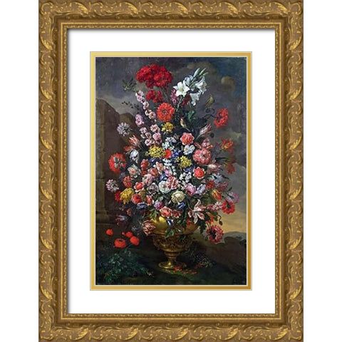 Lilies, Tulips, Carnations, Peonies, Convolvuli Gold Ornate Wood Framed Art Print with Double Matting by Del Bimbo, Bartolomeo