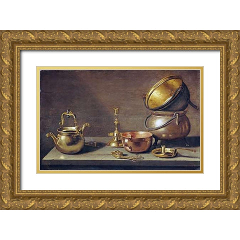 A Still Life of Kitchenware Gold Ornate Wood Framed Art Print with Double Matting by Delff, Jacob Willemsz