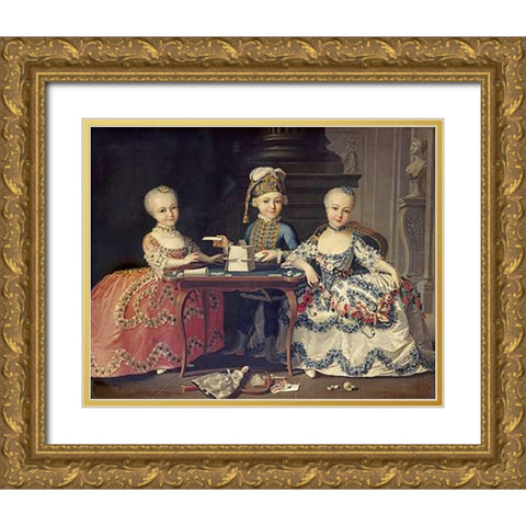 Boy In Blue Building a House of Cards, With Two Girls Gold Ornate Wood Framed Art Print with Double Matting by Drouais, Francois-Hubert