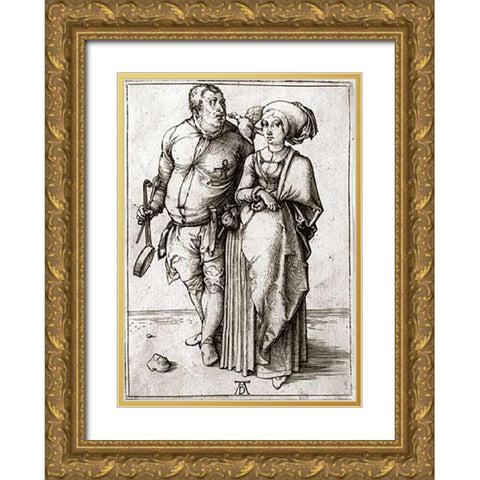 A Cook and His Wife Gold Ornate Wood Framed Art Print with Double Matting by Durer, Albrecht