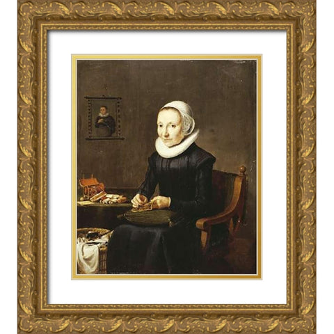 Portrait of An Old Lady, Embroidering Gold Ornate Wood Framed Art Print with Double Matting by School, Dutch