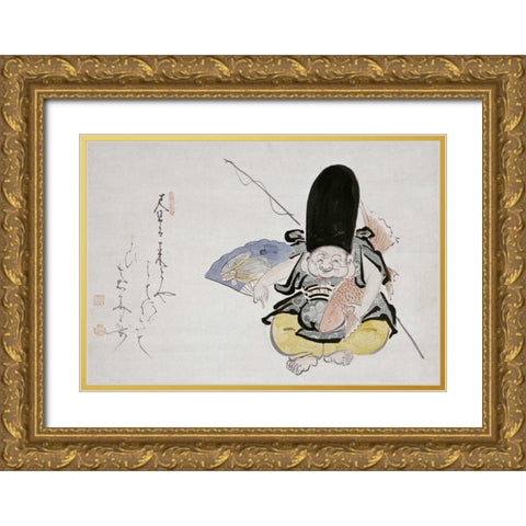 Ebisu Dancing With a Poem. Hanging Scroll Gold Ornate Wood Framed Art Print with Double Matting by Ekaku, Hakuin