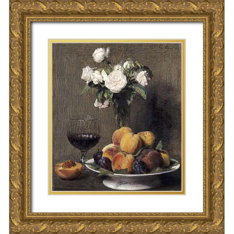 Still Life With Roses, Fruits and a Glass of Wine Gold Ornate Wood Framed Art Print with Double Matting by Latour, Henri Fantin
