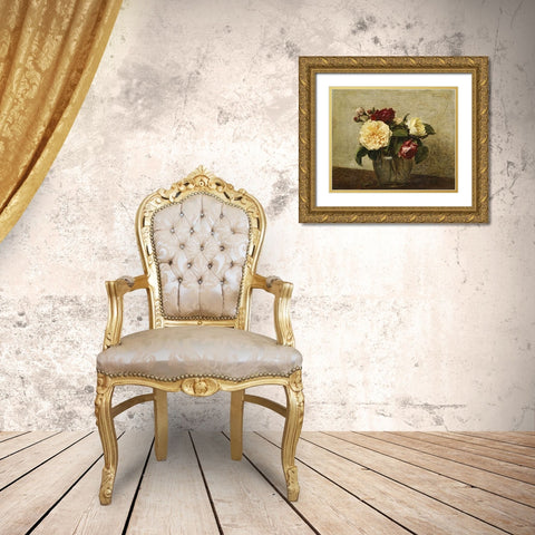Red and Yellow Roses Gold Ornate Wood Framed Art Print with Double Matting by Latour, Henri Fantin