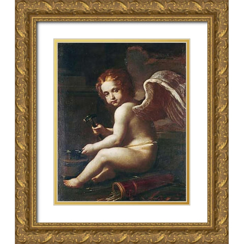 Cupid Sharpening His Arrows Gold Ornate Wood Framed Art Print with Double Matting by Gessi, Giovan Francesco