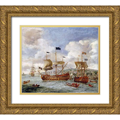 Queen Annes Visit To Greenwich Gold Ornate Wood Framed Art Print with Double Matting by Griffier, Jan