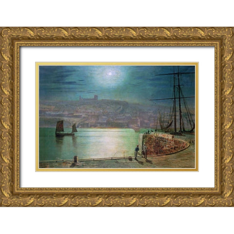 Whitby Harbour By Moonlight Gold Ornate Wood Framed Art Print with Double Matting by Grimshaw, John Atkinson