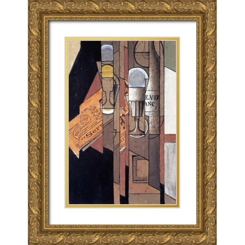 Glasses, a Newspaper and a Bottle of Wine Gold Ornate Wood Framed Art Print with Double Matting by Gris, Juan
