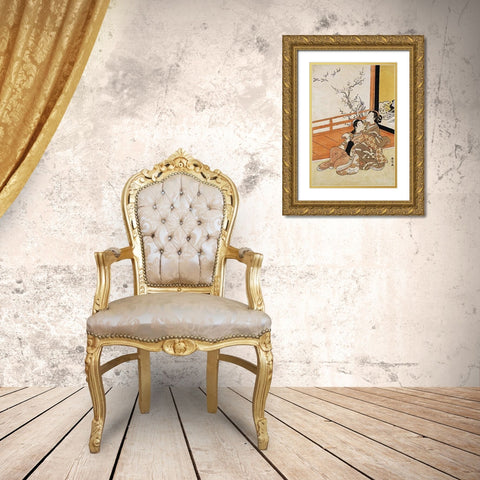 Two Women Seated By a Verandah Gold Ornate Wood Framed Art Print with Double Matting by Harunobu