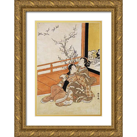 Two Women Seated By a Verandah Gold Ornate Wood Framed Art Print with Double Matting by Harunobu