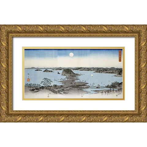 Night View of Kanazawa In Musashi Province Gold Ornate Wood Framed Art Print with Double Matting by Hiroshige