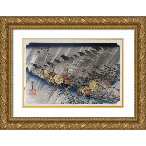 Driving Rain, Shono Gold Ornate Wood Framed Art Print with Double Matting by Hiroshige