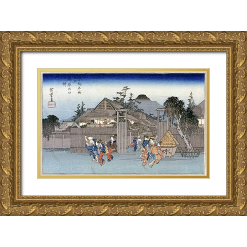 Willow at The Exit of Shimabara Gold Ornate Wood Framed Art Print with Double Matting by Hiroshige