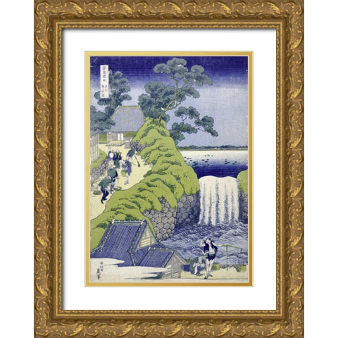 Aoigaoka Waterfall in the Eastern Capital Gold Ornate Wood Framed Art Print with Double Matting by Hokusai