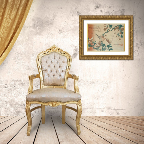 A Paddy Bird Perched On a Flowering Magnolia Branch Gold Ornate Wood Framed Art Print with Double Matting by Hokusai