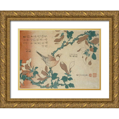 A Paddy Bird Perched On a Flowering Magnolia Branch Gold Ornate Wood Framed Art Print with Double Matting by Hokusai