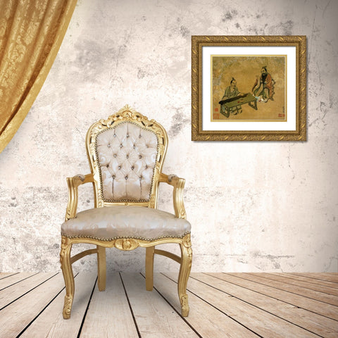 Playing The Qin For a Friend Gold Ornate Wood Framed Art Print with Double Matting by Hongshou, Chen