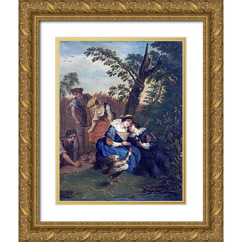 A Courting Couple Beneath a Tree Gold Ornate Wood Framed Art Print with Double Matting by Horemans, Jan Josef