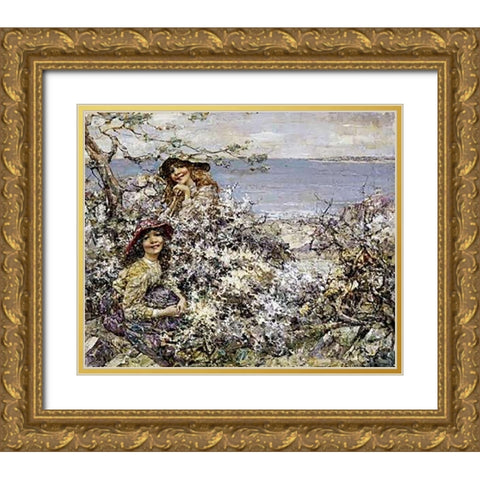 Two Girls Among Blossom, Brighouse Bay Gold Ornate Wood Framed Art Print with Double Matting by Hornel, Edward Atkinson