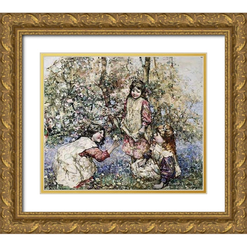 Gathering Primroses Gold Ornate Wood Framed Art Print with Double Matting by Hornel, Edward Atkinson