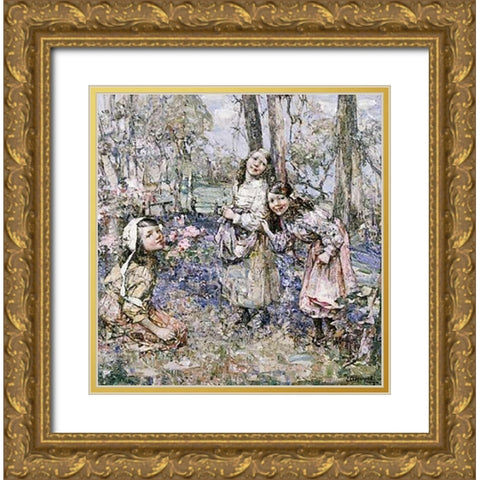 Gathering Bluebells Gold Ornate Wood Framed Art Print with Double Matting by Hornel, Edward Atkinson