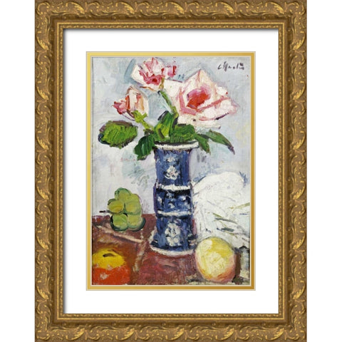 Pink Roses In a Chinese Blue and White Gu-Shaped Vase Gold Ornate Wood Framed Art Print with Double Matting by Hunter, George Leslie