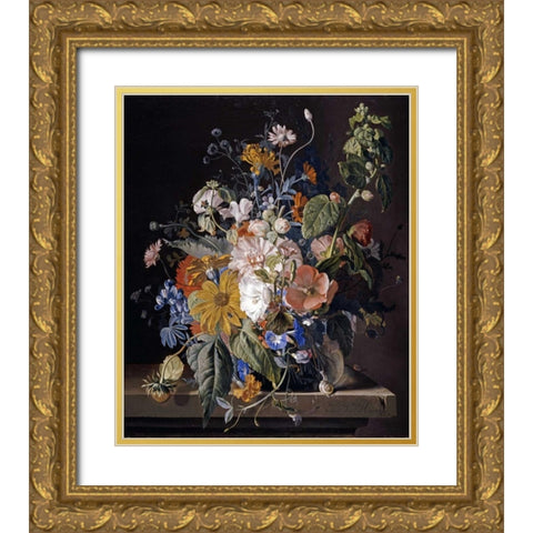 Poppies, Hollyhock, Morning Glory, Viola, Daisies Gold Ornate Wood Framed Art Print with Double Matting by Van Huysum, Jan