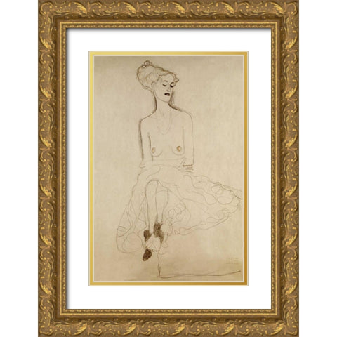 Seated Woman Gold Ornate Wood Framed Art Print with Double Matting by Klimt, Gustav