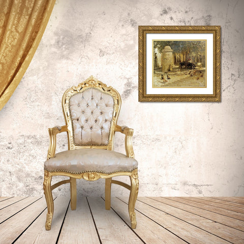 Fountain In a Provencal Village Gold Ornate Wood Framed Art Print with Double Matting by La Thangue, Henry Herbert