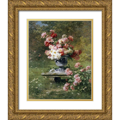 Peonies In An Urn In a Garden Gold Ornate Wood Framed Art Print with Double Matting by Lemaire, Louis Marie