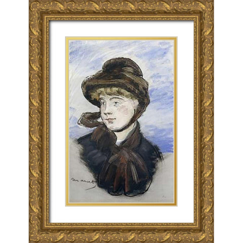 Young Girl in a Brown Hat Gold Ornate Wood Framed Art Print with Double Matting by Manet, Edouard