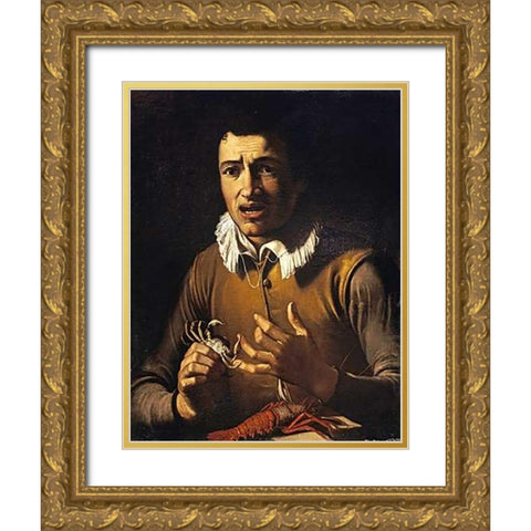Youth With a Crab Pinching His Finger Gold Ornate Wood Framed Art Print with Double Matting by Manfredi, Bartolommeo