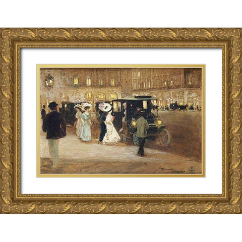 Getting Into The Car Gold Ornate Wood Framed Art Print with Double Matting by Marcel-Clement, Amedee Julien
