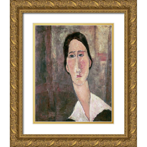 Portrait of Jeanne Hebuterne Gold Ornate Wood Framed Art Print with Double Matting by Modigliani, Amedeo