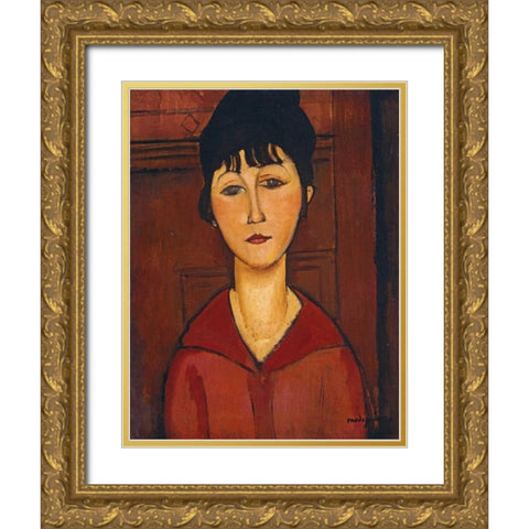 Head of a Young Girl Gold Ornate Wood Framed Art Print with Double Matting by Modigliani, Amedeo