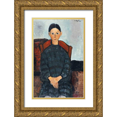 Young Girl With a Black Apron Gold Ornate Wood Framed Art Print with Double Matting by Modigliani, Amedeo