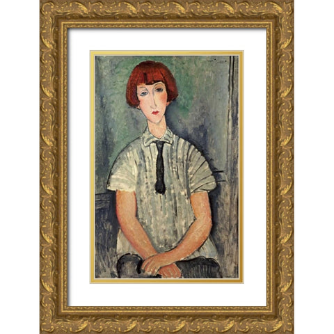 Young Girl In a Striped Shirt Gold Ornate Wood Framed Art Print with Double Matting by Modigliani, Amedeo