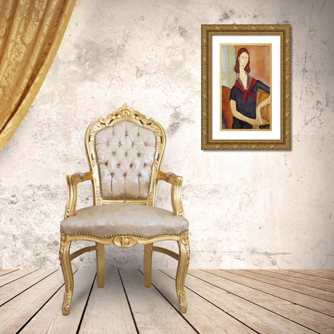 Jeanne Hebuterne (with a Scarf) Gold Ornate Wood Framed Art Print with Double Matting by Modigliani, Amedeo