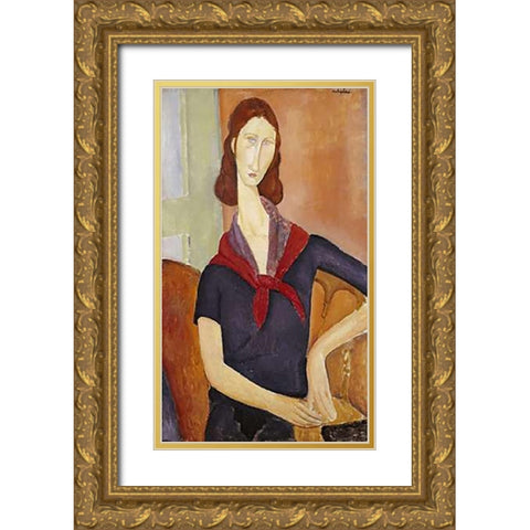Jeanne Hebuterne (with a Scarf) Gold Ornate Wood Framed Art Print with Double Matting by Modigliani, Amedeo