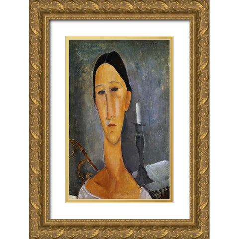 Hanka Zborowska with a Candlestick Gold Ornate Wood Framed Art Print with Double Matting by Modigliani, Amedeo