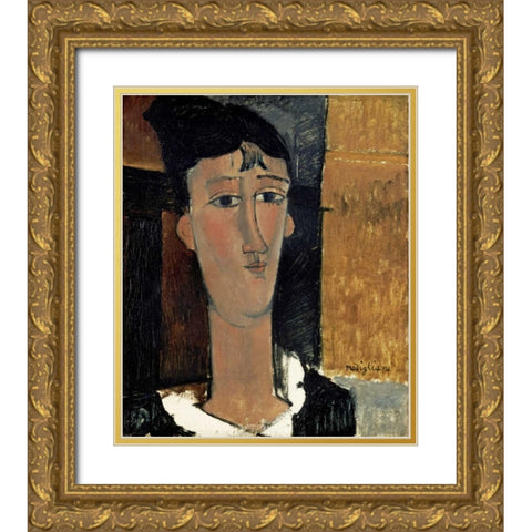 Portrait of a Young Woman - La Concierge Gold Ornate Wood Framed Art Print with Double Matting by Modigliani, Amedeo